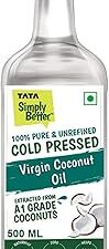 Tata Simply Better Pure & Unrefined Cold Pressed Virgin Coconut Oil, Naturally Cholesterol Free, 500ml, Rich Aroma & Flavour of Real Coconuts, For Daily Cooking with Multipurpose Usage,A1 Grade Coconuts