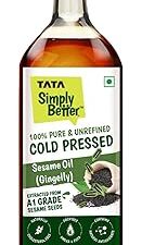 Tata Simply Better Pure and Unrefined Cold Pressed Sesame (Gingelly) Oil, Kolhu/Kacchi Ghani/Mara Chekku/Ganuga, Naturally Cholesterol Free, 1L, Sesame Oil with Rich Aroma & Flavour of Real Sesame Seeds, For Daily Cooking with Multipurpose Usage, A1 Grade Sesame Seeds, Purity in Every Drop