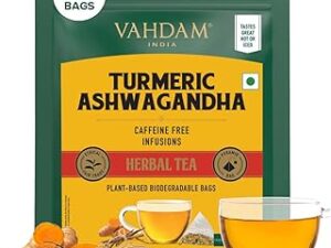 VAHDAM, Turmeric Ashwagandha Herbal Tea Bags (50 Count) | Caffeine Free | 100% Pure Herbal Blend - Turmeric, Ashwagandha, Lemongrass, Black Pepper & Licorice | Resealable Ziplock Pouch