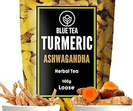 BLUE TEA - Turmeric Ashwagandha Tea - 100gm - 100 Cups || AYURVEDIC BLEND || Immunity Booster - 100% Natural - Caffeine Free - Non-GMO - Gluten Free - Healthy Tea | Eco-Conscious Zipper Pack