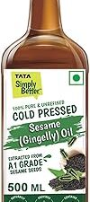 Tata Simply Better Pure and Unrefined Cold Pressed Sesame (Gingelly) Oil, Kolhu/Kacchi Ghani/Mara Chekku/Ganuga, Naturally Cholesterol Free, 500ml, Sesame Oil with Rich Aroma & Flavour of Real Sesame Seeds, For Daily Cooking with Multipurpose Usage, A1 Grade Sesame Seeds, Purity in Every Drop