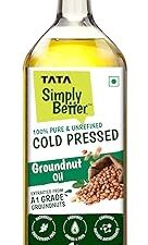 Tata Simply Better Pure & Unrefined Cold Pressed Groundnut (Peanut) Oil,Kolhu/Kacchi Ghani/Mara Chekku/Ganuga,Naturally Cholesterol Free,1L,Groundnut Oil Rich Aroma & Flavour Of Real Groundnuts
