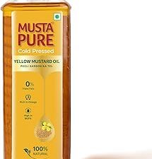 MustaPure Cold Pressed Yellow Mustard Oil 1 Litre Cooking Oil, Unrefined, Naturally Cholesterol Free, A1 Grade Real Mustard Seeds for Natural Aroma & Flavour for Roasting, Frying, Baking - PET Bottle