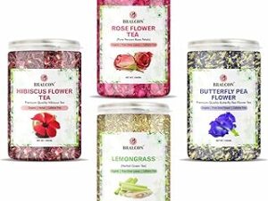 BRALCON Organic Herbal Tea Combo Pack- Hibiscus Flower Tea, Butterfly Pea Flower Tea, Rose Flower Tea, Lemongrass Tea- 400g(100g x 4) | Blue Pea Tea| Premium Hibiscus Tea | Rose Tea |Antioxidant