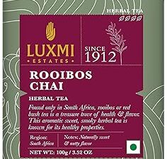 Luxmi Estates South African Rooibos Chai Herbal Tea 100gm Tin Caddy | 100% Natural Ingredients | Certified Organic Tea | Caffeine-Free | for Healthy Sleep | Antioxidant-Rich Herbal Beverage for Relaxation and Wellness | 50 Cups