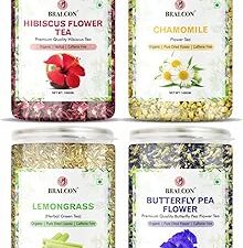 BRALCON Hibiscus Flower Tea,Butterfly Pea Flower Tea,Chamomile Flower Tea,Lemongrass Tea-400g(100g x 4 Pack)|Organic Herbal Tea Combo Pack-Caffeine Free in seperate Packaging
