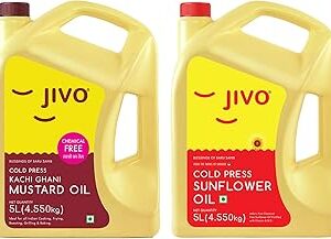 JIVO Kachi Ghani Chemical Free Mustard Oil 5 Litre with JIVO Chemical free sunflower Oil 5 Litre | Pack of 2 | Daily Cooking Oil, Recommended for Roasting, Frying, Baking All type of Cuisines|