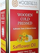 WOODFRESS Cold Pressed Safflower Oil 5 Litre, Freshly Hulled, 25kg Seeds for 5L Pure Woodpress Oil, Wood Pressed Kardai/Kardi Tel (Lakdi Ghani/Marachekku) for Healthy Cooking, Metal Tin 5L