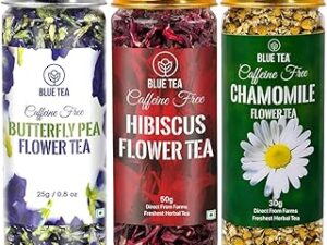 BLUE TEA - 3 in 1 Combo | Butterfly Pea Flower - 25g, Hibiscus - 50g, Chamomile - 30g | For Skin Glow & Sleep & Antioxidant Rich | Caffeine Free - Herbal Tea - Flower Based - Non Bitter | Featured In Shark Tank | Reusable Pet | Gift Pack