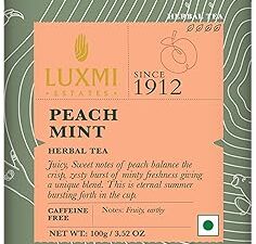 LUXMI Estates Peach Mint Herbal Tea 100Gm Tin Caddy | Usda Certified Organic Herbal Tea | Caffeine-Free | 50 Cups, Loose Leaves