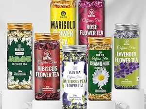 BLUE TEA - Butterfly Pea Flower 25g, Hibiscus 50g, Chamomile 30g, Lavender 30g, Rose 25g, Marigold 25g, Jasmine 30g | 215g | Floral Flavors | Featured In Shark Tank | Variety Pack | Herbal Tea Gift
